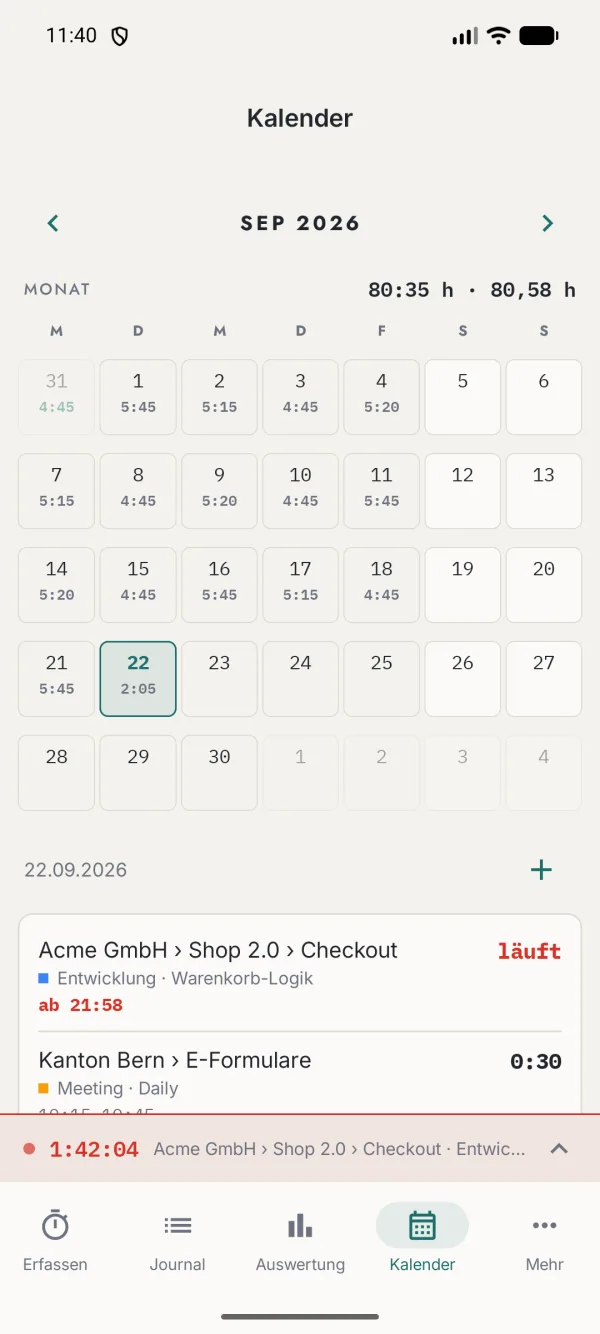 Android: Kalender mit Stunden je Tag