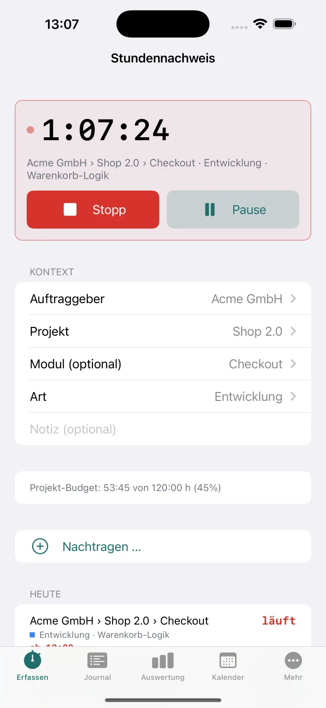 iPhone: laufender Timer mit Stopp und Pause